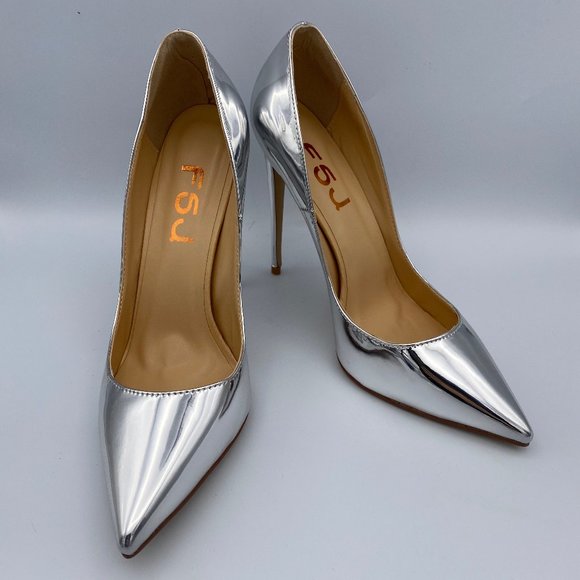 FSJ Shoes - FSJ Silver Metallic Heels Pointy Toe Stiletto Pump